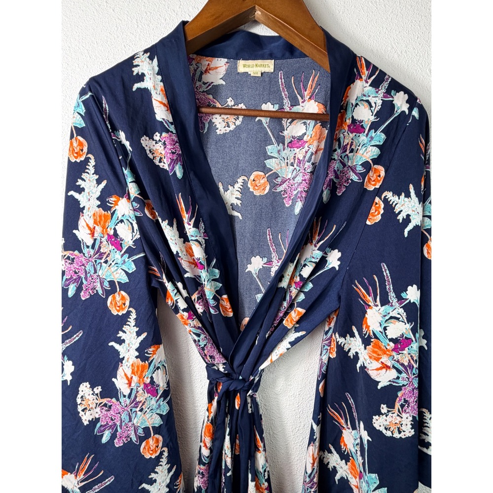 World Market Women Robe Navy Blue S/M Floral Kimono Sleeve Belted Loungewear